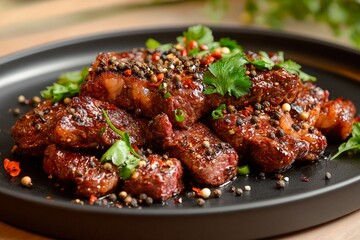 Fototapeta premium Savoring a flavorful plate of spicy grilled beef garnished with vibrant herbs