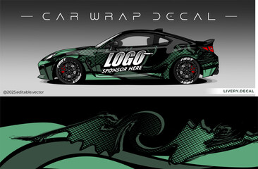 Fototapeta premium Car wrap design vector with black and green colour. Livery abstract decal template. Editable vector suitable for racing, rally or daily use
