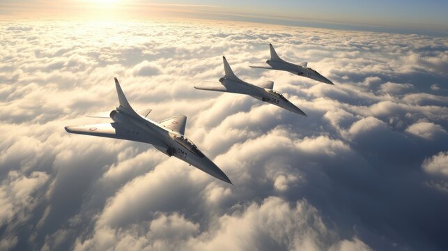 Three sleek military jets fly in formation high above soft, fluffy clouds as the sun sets in a vibrant sky, creating a stunning and powerful aerial display in the twilight - Powered by Adobe