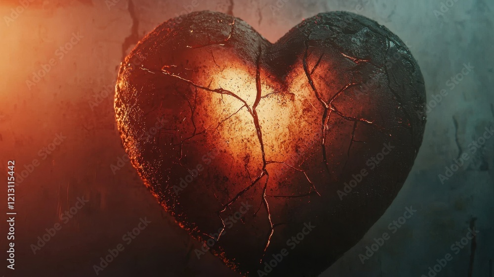 Poster a heart-shaped object with cracks reveals a warm glow from within. the background features textured 