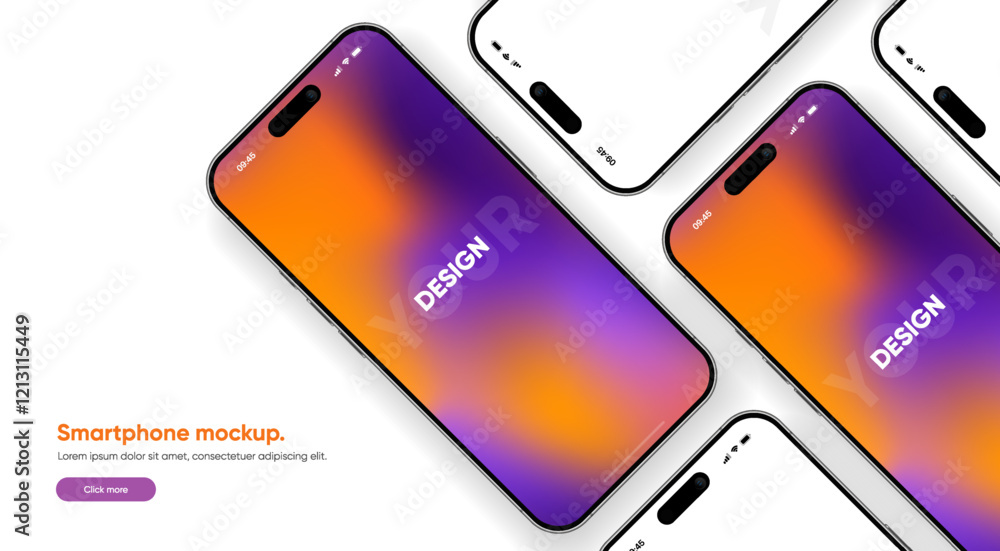 Poster Realistic smartphone mockup. Mobile phone vector with isolated on white background. Device front view. 3D mobile phone with shadow. Realistic, high quality smart phone mockup for ui ux presentation.