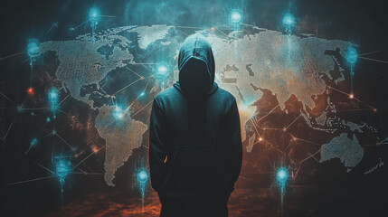Obraz premium Hacker are planning to hack and attack networks and cyber security systems.team people innovation connection of line from nail node to node on map background , networking concept