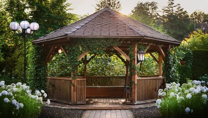 Obraz premium Romantic wooden gazebo surrounded by flowering vines and greenery in a serene garden setting