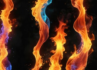 Abstract flames with vibrant colors on black background, colorful embers, abstract fire