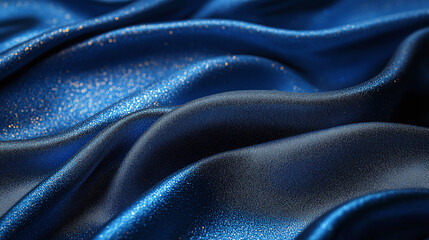  A detailed close-up of shimmering dark blue fabric with golden glitter accents, evoking luxury, elegance, and sophistication in an abstract composition.