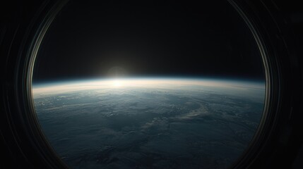 Earthrise seen from spacecraft window; sunrise over clouds; space exploration; science background