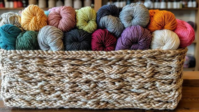 Colorful yarn collection in cozy woven basket: showcasing vibrant textiles and crafting aesthetics