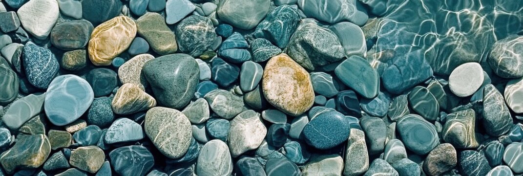 Assorted river rocks underwater with sunlight reflecting on natural stones