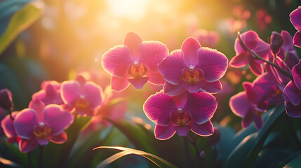 A cluster of pink and purple orchids thriving in a hanging garden, with a gentle breeze swaying their petals, during a bright afternoon