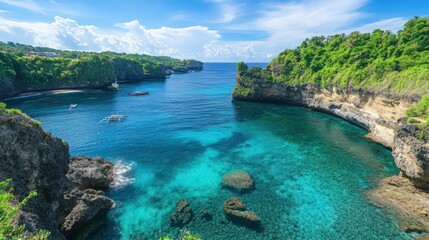 Fototapeta premium Beautiful Tropical Coastal Scene Featuring Turquoise Waters and Lush Green Cliffs