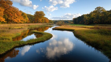 Autumn river reflection, scenic landscape, fall foliage. Use Calendar, postcard
