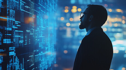 A businessman in a suit analyzing glowing blue data visualizations in a futuristic office setting. Perfect for business, technology, or innovation concepts.