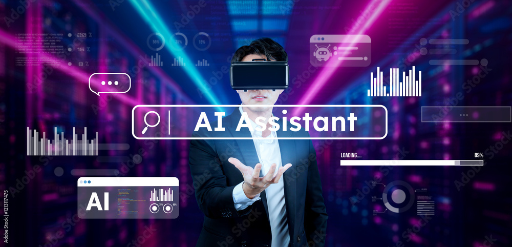 Poster businessman with headset standing at data center while using ai assistance. project manager holding 