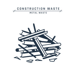 Construction metal waste. Steel scrap. Pile of iron, aluminum, copper, zinc, debris. Demolition garbage on a site or landfill. Home renovation trash. Vector flat icon isolated on white background.
