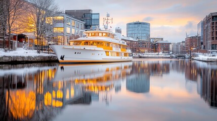 Fototapeta premium Luxury yacht at winter harbor sunset