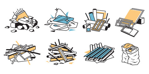 Construction waste. Piles of building scrap. Concrete, glass, plastic, wooden, metal, renovation, roofing, loose trash. Industrial demolition garbage on a jobsite. Vector icon pack in flat style.