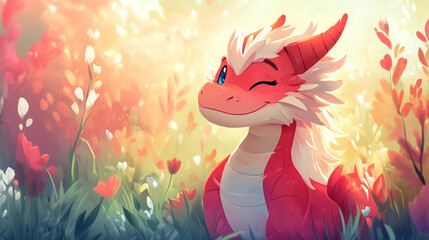 Obraz premium Dibujo infantil de un dragón rosa sonriente en un paisaje natural