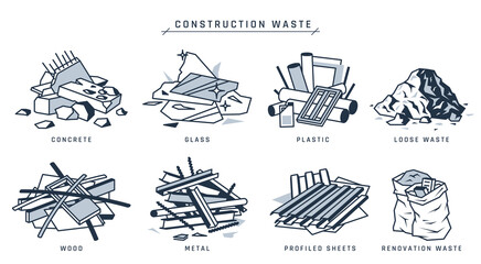 Construction waste. Piles of building scrap. Concrete, glass, plastic, wooden, metal, renovation, roofing, loose trash. Industrial demolition garbage on a jobsite. Vector icon pack in flat style.