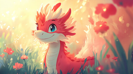 Obraz premium Dibujo infantil de un dragón rosa sonriente en un paisaje natural