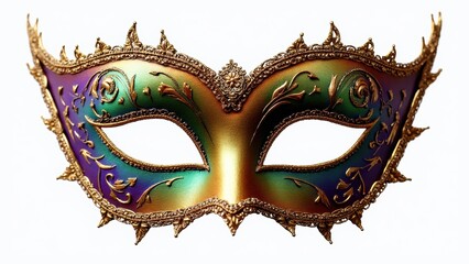 Colorful Purim or Mardi Gras Mask Isolated on a White Background, Showcasing Intricate Gold and Jewel Tone Designs for Festive Celebrations