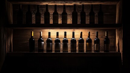 A collection of wine bottles is displayed on a wooden shelf, softly illuminated from below. The rustic cellar setting adds charm, inviting wine enthusiasts to explore the varieties