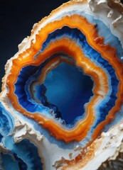 Fototapeta premium Agate geode with striking blue fiery orange and white colors, gemstone, colorful, unique formations
