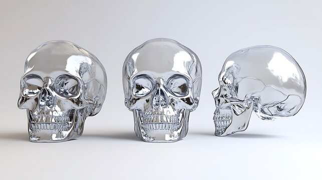Anatomically precise 3D model of a transparent human skull from different perspectives