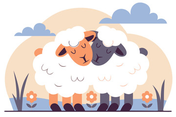 Pair of cute sheep grazing in a field. Valentine's day animal couple. Vector illustration