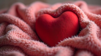 a red heart surrounded by a pink plush blanket