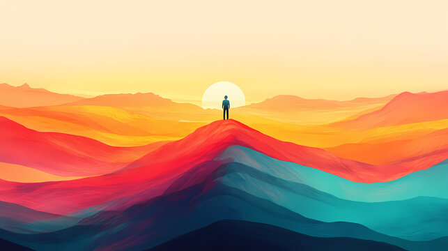A person standing on a hilltop with a vast, colorful landscape below, symbolizing the limitless possibilities of an abundance mindset. Sunset Cliffs. Illustration