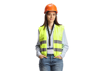 Young female site engineer with a safety vest and hardhat