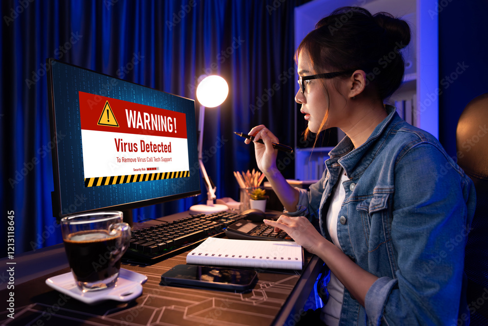 Poster virus warning alert on computer screen detected brisk cyber threat , hacker, computer virus and malw