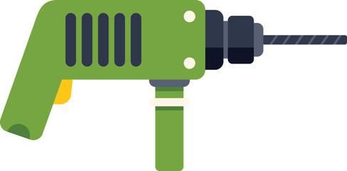 Green electric drill standing on a white background, power tool for construction and renovation works