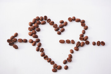 A creative arrangement of roasted coffee beans depicting a heartbeat line with a heart shape in the center on a white background, symbolizing the connection between coffee and passion.