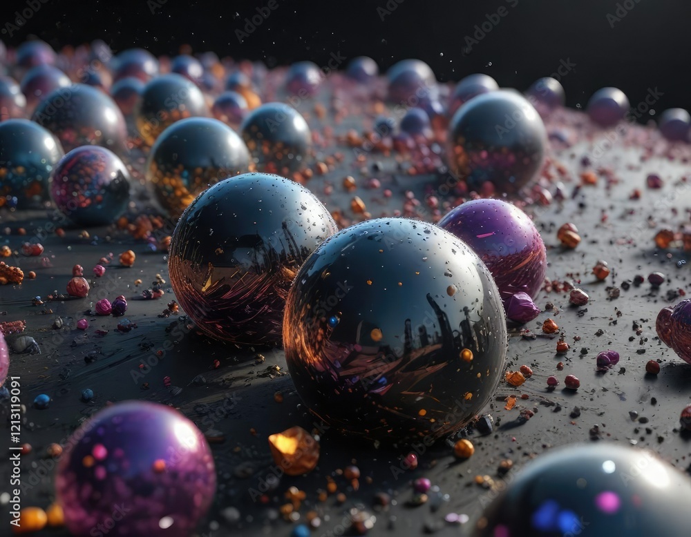 Poster an array of deformed sphere particles scattered across a dark and featureless surface, particle defo