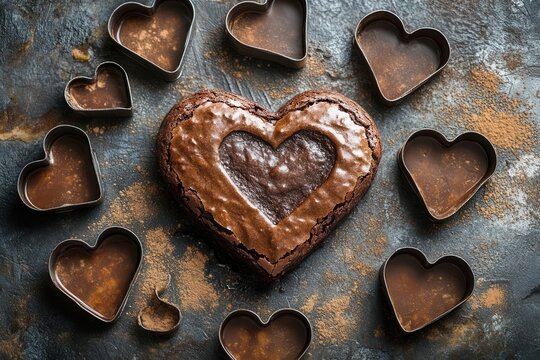heartshaped brownie surrounded by whimsical cookie cutters in heart shapes emphasizing love and creativity in baking with a playful romantic presentation