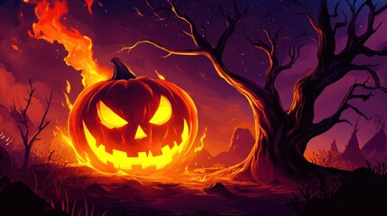 Fiery Halloween Pumpkin Enveloped In Flames Near A Dead Tree