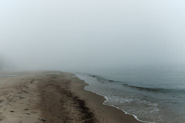 Foggy Baltic seacoast. Fog on the beach