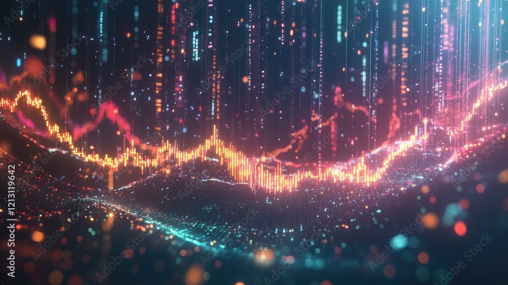 Poster digital data visualization of stock market with bright lines and bokeh effect in a dark background