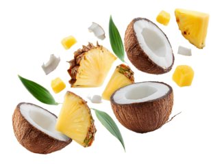 falling Coconut pieces and pineapple pieces isolated on white background, cut out 
