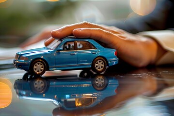 Businessman Safeguarding Blue Toy Car on a Reflective Desk.