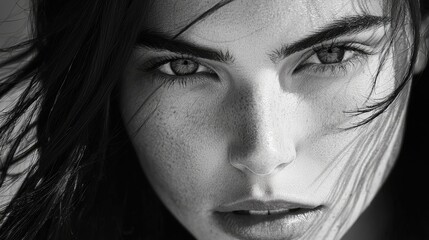 Fototapeta premium Woman's intense gaze, windswept hair, outdoor portrait, monochrome