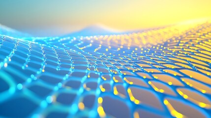 A futuristic abstract design with intersecting blue and yellow light rays, creating a glowing lattice-like structure on a gradient background