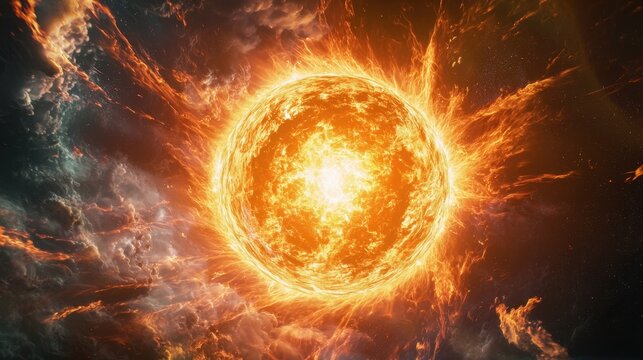 A vibrant solar flare bursts from the sun, casting bright orange hues against a backdrop of swirling clouds and deep space. This powerful display showcases the sun's energy