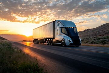 Obraz premium Modern truck travels along winding highway at sunset with mountains in the background