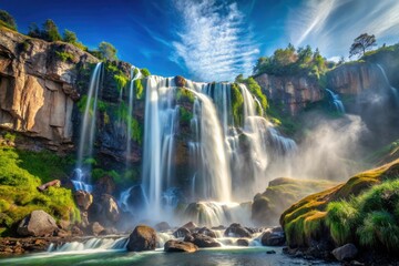 A stunning waterfall cascading down a rocky cliff under a light blue misty sky, misty atmosphere, cascading falls