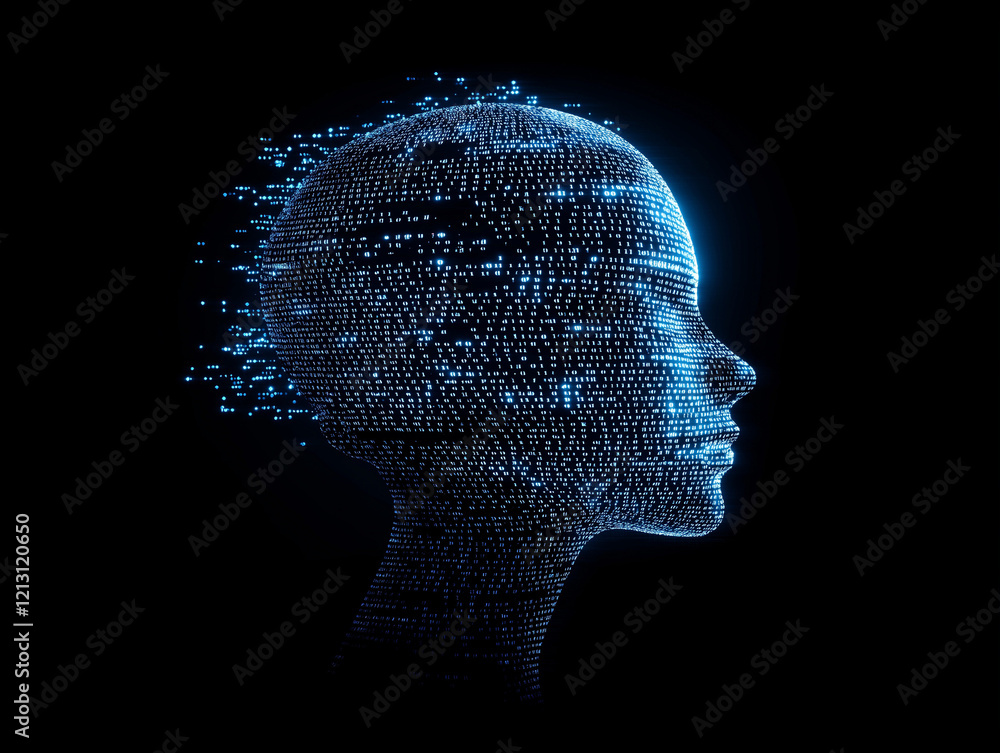 Poster glowing binary code human head: digital mind, ai, technology concept art web data neon brain cyber