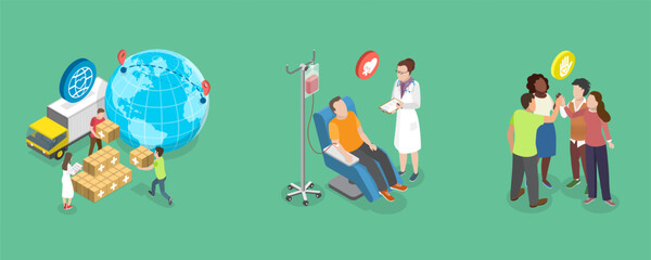 Fototapeta premium 3D Isometric Flat Vector Illustration of Community Service, Health Care Support
