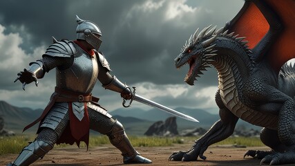 knight fighting with dragon, dragon versus man, 3D render