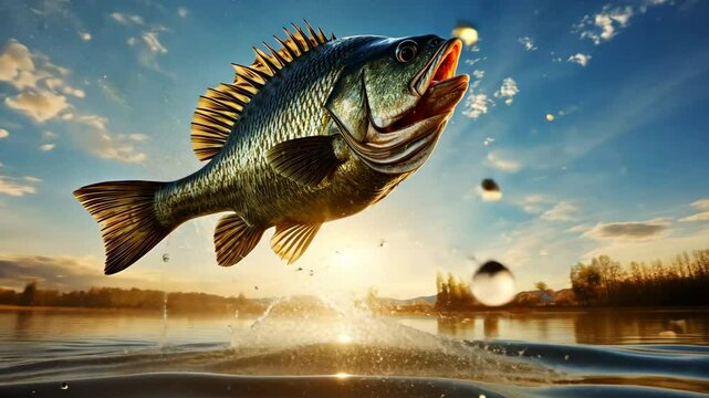 A large perch jumps out of the water. Trophy fishing.